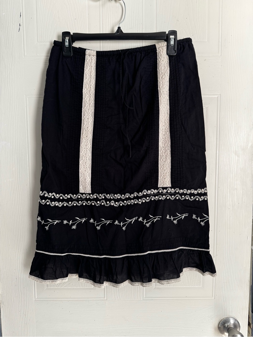 Odille Black Midi Skirt with White Embroidered Trim